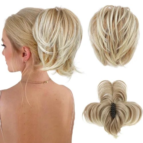 Miniatura 12 de HOOJIH - Pieza de cabello con moño desordenado, clip de garra en moño de cabello liso de 9 pulgadas, extensión de cola de caballo corta con alambre