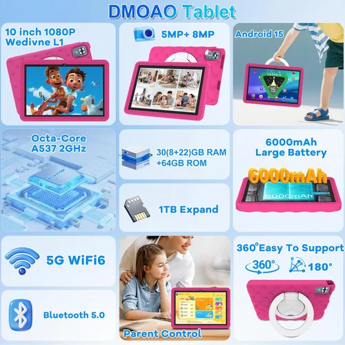 Miniatura 2 de DMOAO Tablet infantil de 10.1 pulgadas Android 15-30GB RAM+64GB ROM (1TB expandible), Octa-Core 2.0GHz, pantalla de luz anti-azul, 6000mAh, WiFi 6