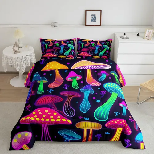 Miniatura 11 de Feelyou Lindo juego de ropa de cama de hongos kawaii tamaño individual para niños y niñas, decoración de hongos salvajes, juego de edredón