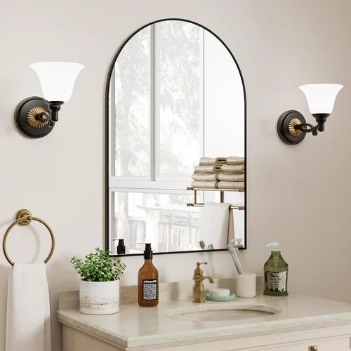 Miniatura 6 de Rowjut Espejo de pared en forma de arco de 30 x 20 pulgadas, espejo decorativo de pared y baño con marco de hierro, espejos de pared superior