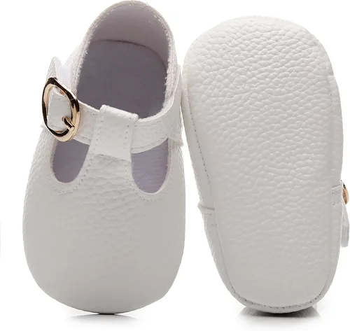 Miniatura 3 de HONGTEYA Mary Janes - Zapatos planos de piel sintética antideslizante con suela suave para bebés recién nacidos, zapatos de cuna para boda, fiesta