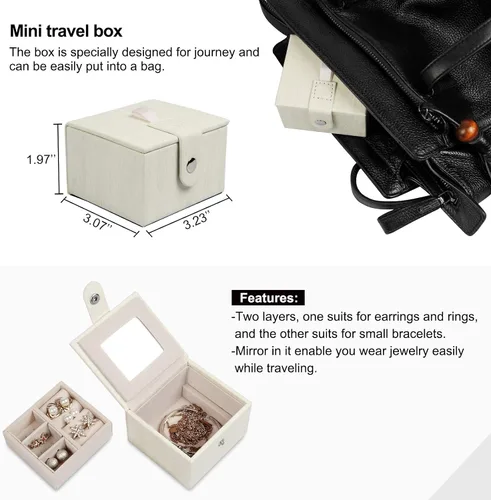 Miniatura 4 de Homde Caja de joyeríaorganizadorestuche 2 en 1 de piel sintética con estuche de viaje pequeño, regalo para niñas o mujeres (grano de madera blanca)