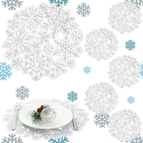 Miniatura 11 de Yingzhao Juego de 6 manteles individuales de Navidad con poinsettia bordados de doble capa con aplicación de flores rojas de Navidad para decoración