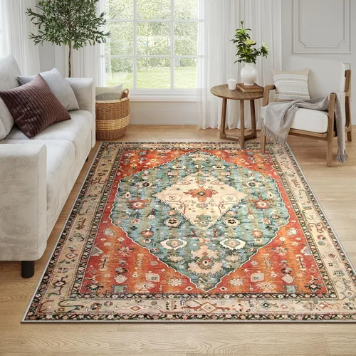 Miniatura 14 de Lahome Alfombra tribal bohemia de 2 x 3 pies, alfombra verde pequeña para entrada, suave, antideslizante, lavable, alfombra de baño bohemia de pelo