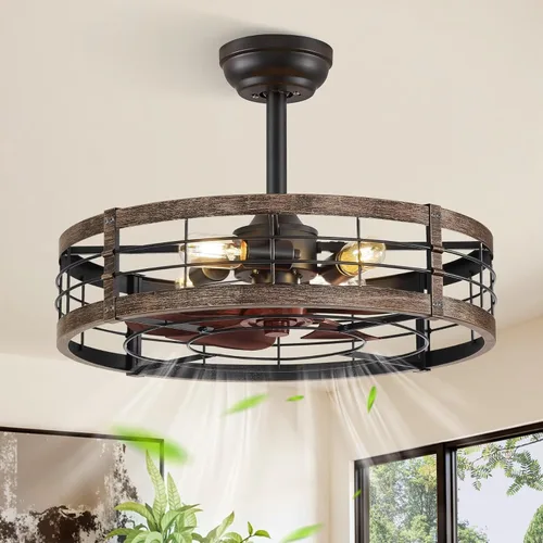 Miniatura 28 de LEDIARY - Ventilador de techo 16.5 pulgadas con jaula y luz, diseño industrial, estilo granja, para cocina, dormitorio, exterior, control remoto, 6