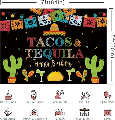 Miniatura 6 de Telón de fondo de fiesta mexicana de feliz cumpleaños, tacos y tequila, luces coloridas, fondo de fondo de cinco de mayo para fotos, fiesta