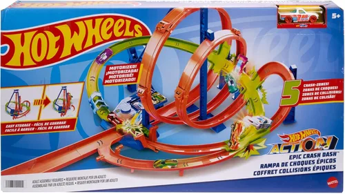 Hot Wheels - Juego de pista de autos de juguete Action Epic Crash Dash con vehículos a escala 1:64 y 5 zonas de acción, impulsado por un motor