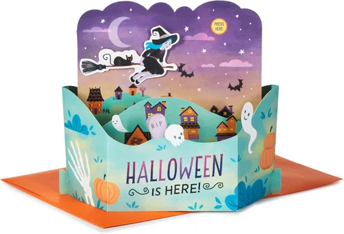 Hallmark Paper Wonder - Tarjeta desplegable de Halloween con música y movimiento (bruja voladora)