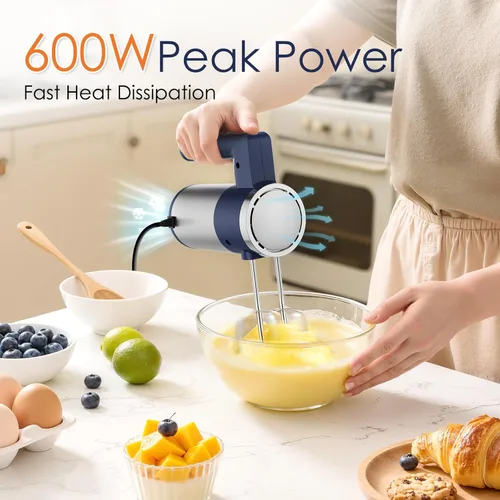 Miniatura 2 de Batidora de mano potente de 600W, batidora eléctrica de 5 velocidades para hornear, batidor de mano ligero de acero inoxidable *2 y ganchos para Azul