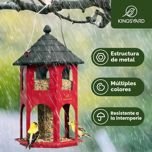 Miniatura 2 de Kingsyard Comedero de metal para colgar en exteriores, comederos para pájaros silvestres con percha circular, fácil de limpiar y rellenar, gran Rojo