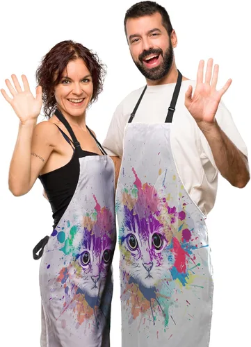 Miniatura 5 de Delantal de Ama de Casa para Mujeres Gato Colorido Abstracto Divertido Delantales para Hombres para Cocina Cocinar Restaurante BBQ Pintura