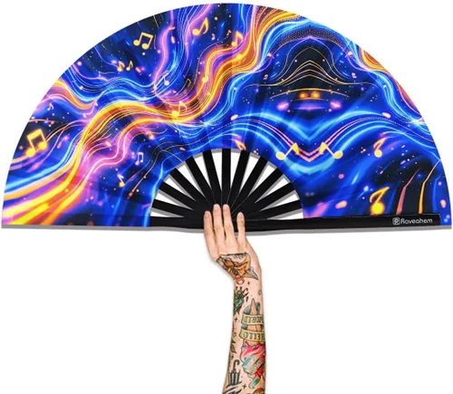 Miniatura 20 de Ventilador plegable grande, ventilador Clack Rave de 13 pulgadas, ventilador de mano para mujeres y hombres con tela de satén de alta calidad, marco