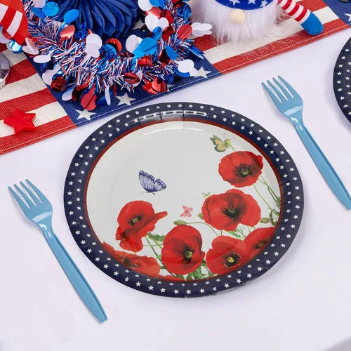 Miniatura 4 de Wehhbtye 100 platos y servilletas de flores de amapola del 4 de julio, platos de papel conmemorativos con tenedores, suministros desechables