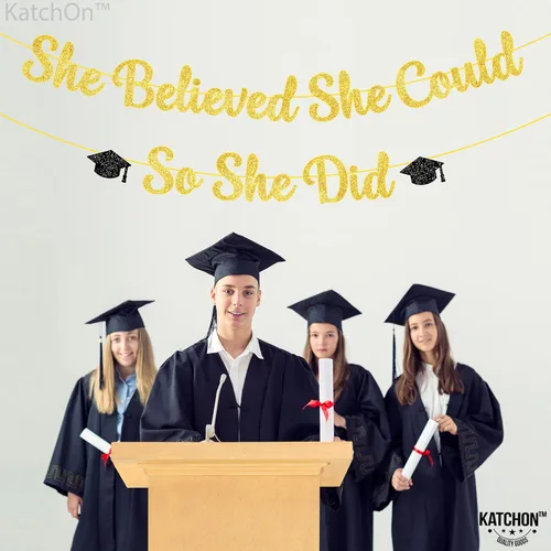 Miniatura 5 de KatchOn, Cartel de She Believed She Could So She Did - Cartel con purpurina de 10 pies, sin bricolaje, pancarta dorada y negra con la frase "You Did