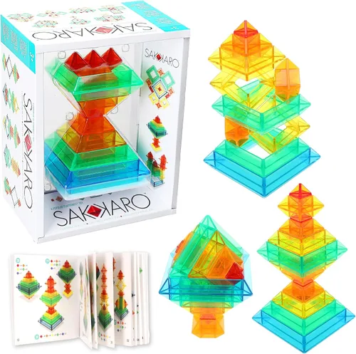 Popular Playthings Sakkaro - Juguete apilable de geometría, rompecabezas de construcción de formas coloridas, regalo de aprendizaje para niños a