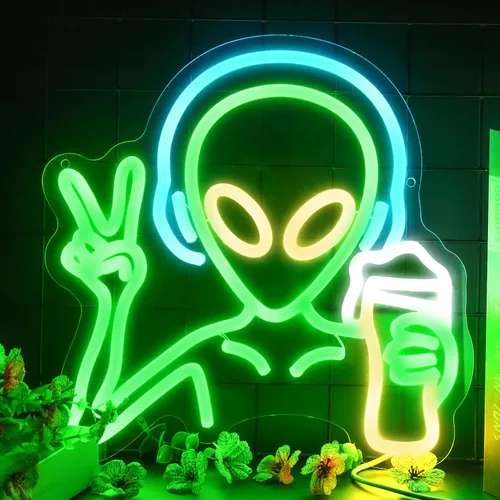 KHK Letrero de neón verde de alienígena – Letrero de pared LED alimentado por USB para sala de juegos, bar en casa, fiesta, dormitorio y decoración