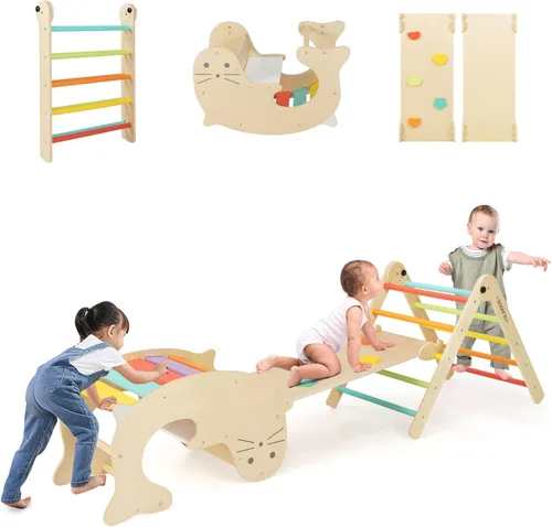 Olakids Juego de Triángulo Pikler 7 en 1 Juguetes de Escalada para Niños Pequeños de 1 a 3 Años Interior Plegable de Madera Montessori Gimnasio de