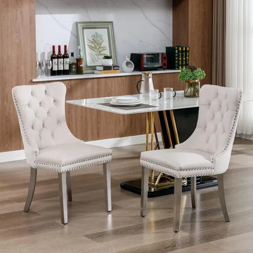 Miniatura 14 de Juego de 2 sillas de comedor de terciopelo, sillas decorativas tapizadas con patas de metal plateado, ribete de cabeza de clavo, tirador de anillo