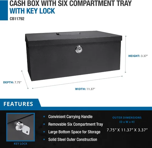 Miniatura 2 de BARSKA Caja de efectivo de 12 pulgadas y bandeja de 6 compartimentos con cerradura de llave, color negro