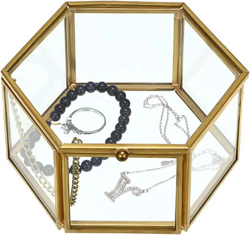 Hipiwe Joyero de cristal vintage Organizador de joyas hexagonal dorado para guardar joyas de recuerdo caja decorativa para el hogar caja para