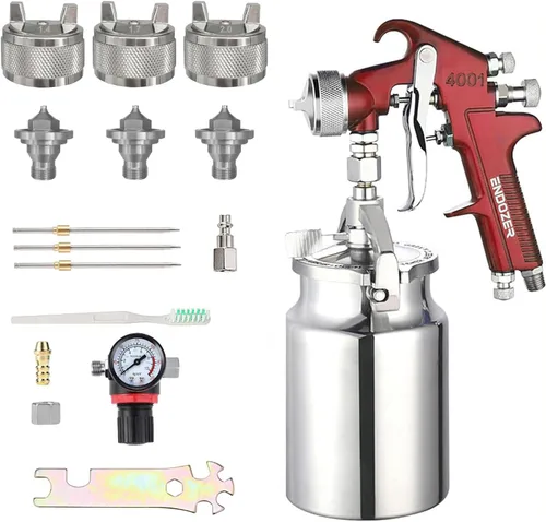 ENDOZER Pistola pulverizadora profesional de alimentación por sifón para pintura, mango rojo, boquilla de 34 oz -1.4 1.7 0.079 in para una variedad