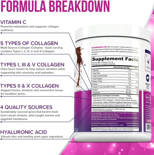 Miniatura 4 de Polvo de péptidos de colágeno múltiple para mujeres, polvo de colágeno de chocolate hidrolizado para mujeres con tipos I II III V y X, vitamina C