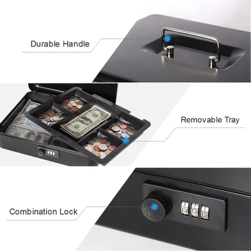 Miniatura 4 de Decaller Caja de dinero con cerradura de combinación, caja de seguridad de metal pequeña con bandeja de dinero, 7 4/5 x 6 4/5 x 3 3/5 pulgadas