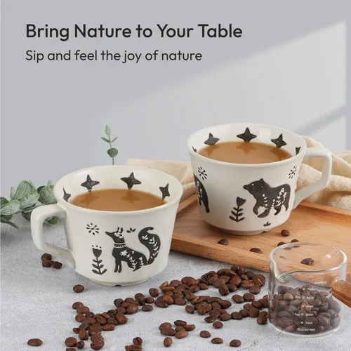 Miniatura 8 de Taza de Café de Cerámica, Taza de Té Única y Novedosa de 12 oz con Asa, Taza de Gres para Té Moca Latte Capuchino Espresso (Zorro)