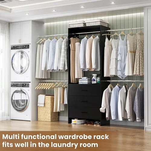 Miniatura 5 de Aheaplus Sistema de Armario con 3 Cajones de Madera, Organizador de Vestuario con Entrada, Estante de Ropa con 4 Barras para Colgar, Perchero, -4R
