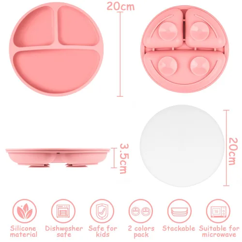 Miniatura 2 de Vicloon Plato de vajilla para niños pequeños, 2 piezas de placa de silicona con compartimentos divididos, placas de succión para bebés y niños Rosa