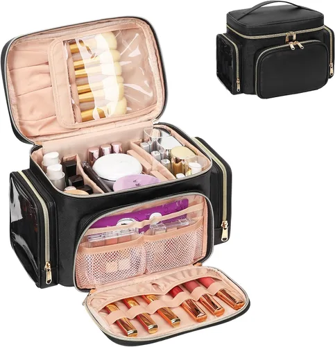 Bagmoly Bolsa de maquillaje grande, organizador portátil de maquillaje para mujeres y niñas con compartimento para brochas de maquillaje y dos