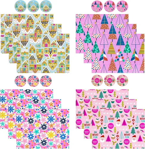 Miniatura 2 de WRAPAHOLIC Hoja de papel de regalo de Navidad, 12 hojas de diseño de árbol de Navidad rosa y casa, plegada plana con 12 etiquetas de regalo