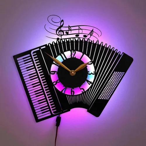 Reloj de pared LED de acordeón, decoración de instrumentos musicales, para amantes de la música, elegante diseño de notas musicales, color negro