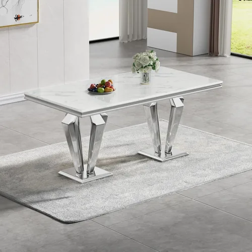 Miniatura 9 de Mesa de comedor de mármol negro para 4, 6, 70 pulgadas, moderna mesa de comedor de cocina dorada con base de acero inoxidable con diseño