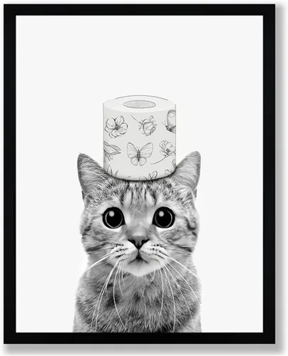 Miniatura 8 de Lienzo enmarcado en blanco y negro para el baño, divertida decoración de baño de animales, linda nutria sosteniendo un rollo de papel higiénico