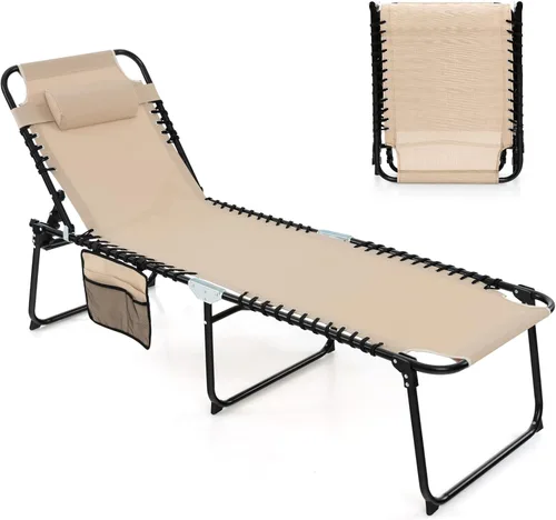 Miniatura 21 de Goplus Tumbona para exteriores, silla de playa plegable extragrande de 5 posiciones con almohada desmontable, bolsillo lateral, silla de bronceado