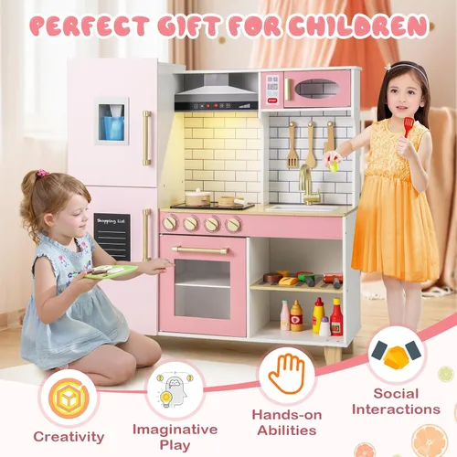 Miniatura 5 de Costzon Juego de Cocina Infantil de Madera, Cocina de Simulación con Parrilla BBQ, Fabricador de Hielo, Campana Extractora, Pizarra y Accesorios