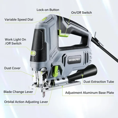 Miniatura 2 de WORKPRO Sierra de Calar, 6.5AMP 850W Kit de herramientas de sierra de calar eléctrica con cable con 6 velocidades variables, 7 cuchillas, corte