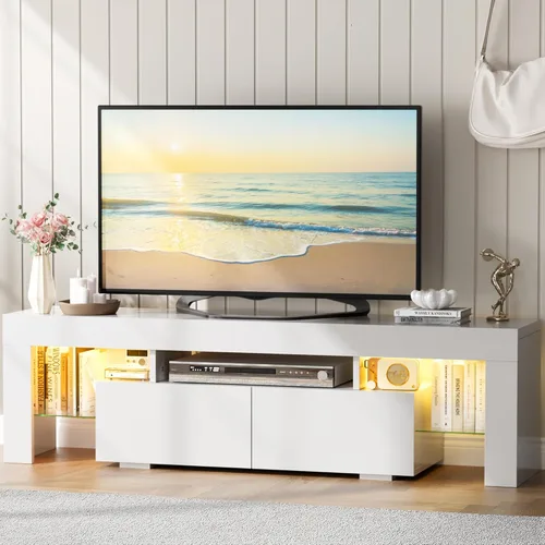 Miniatura 9 de YESHOMY Soporte de TV LED moderno negro para televisores de hasta 70 pulgadas con estantes de vidrio y cajón, centro de entretenimiento