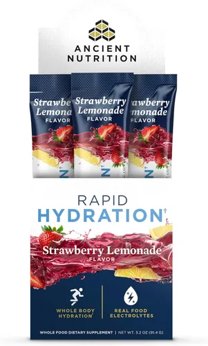 Ancient Nutrition Polvo de hidratación rápida, limonada de fresa, electrolitos de sales marinas naturales y algas marinas rojas, apoya la