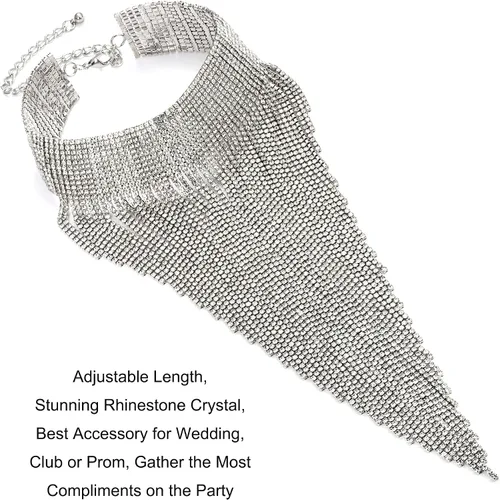 Miniatura 4 de Flyonce - Collar con diamantes de imitación para mujer, gargantilla con borla estilo pechera, joyería para fiesta formal