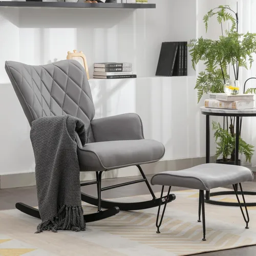 Moderna mecedora tapizada con otomana – Planeador de respaldo alto para guardería, sala de estar o dormitorio – Cómodo sillón con soporte lumbar y