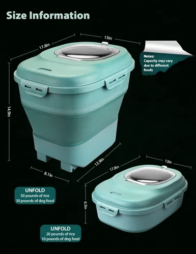 Miniatura 3 de Viretec Contenedores de almacenamiento de arroz y cereales, 20 a 50 libras Contenedores plegables dispensadores de alimentos secos con tapa abatible