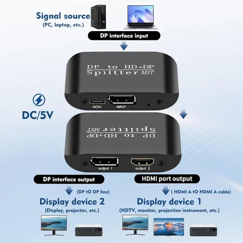Miniatura 2 de ACHAVE Divisor DisplayPort a HDMI y DisplayPort, concentrador MST 4K, metal negro, adaptador de 1 entrada y 2 salidas, convertidor de señal de video