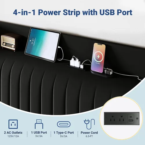 Miniatura 5 de Allewie Base de cama de plataforma de tamaño completo con estación de carga USB y estante de almacenamiento/Cabecera tapizada de terciopelo