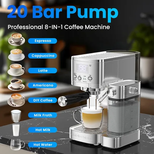 Miniatura 8 de Máquina de café expreso de 20 bares, temperatura y tiempo, pantalla LED, máquina de café espresso con espumador de leche automático ajustable sin