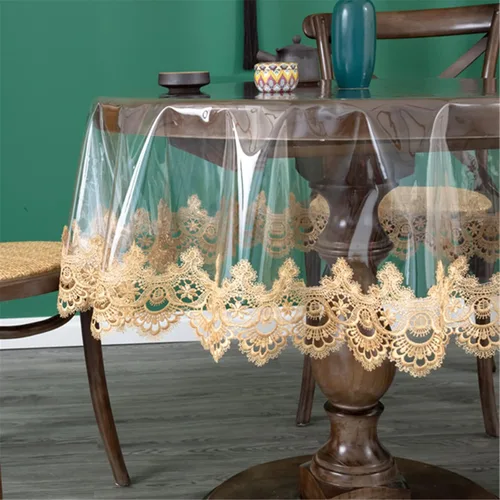 Miniatura 4 de Jeloris Mantel redondo de plástico transparente de vinilo PVC impermeable con borde de encaje bordado, cubierta de mesa transparente para cocina