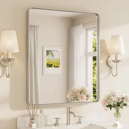 Miniatura 79 de TETOTE Espejo de marco dorado cepillado de 16 x 24 pulgadas, espejo de tocador de baño de latón dorado para pared, espejo enmarcado rectangular