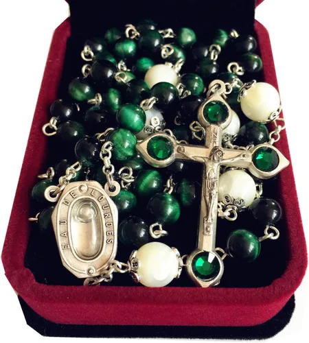 Miniatura 2 de elegantmedical HECHO A MANO VERDE OJO DE TIGRE CUENTAS CATÓLICAS ROSARIO CRUCIFIJO COLLAR Lourdes Medalla de agua, elegantmedical