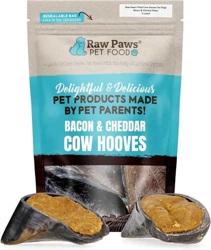 Raw Paws Golosinas de vaca rellenas para perros, sabor a tocino y cheddar, (5 unidades) para masticar de corral libre para masticar con queso,